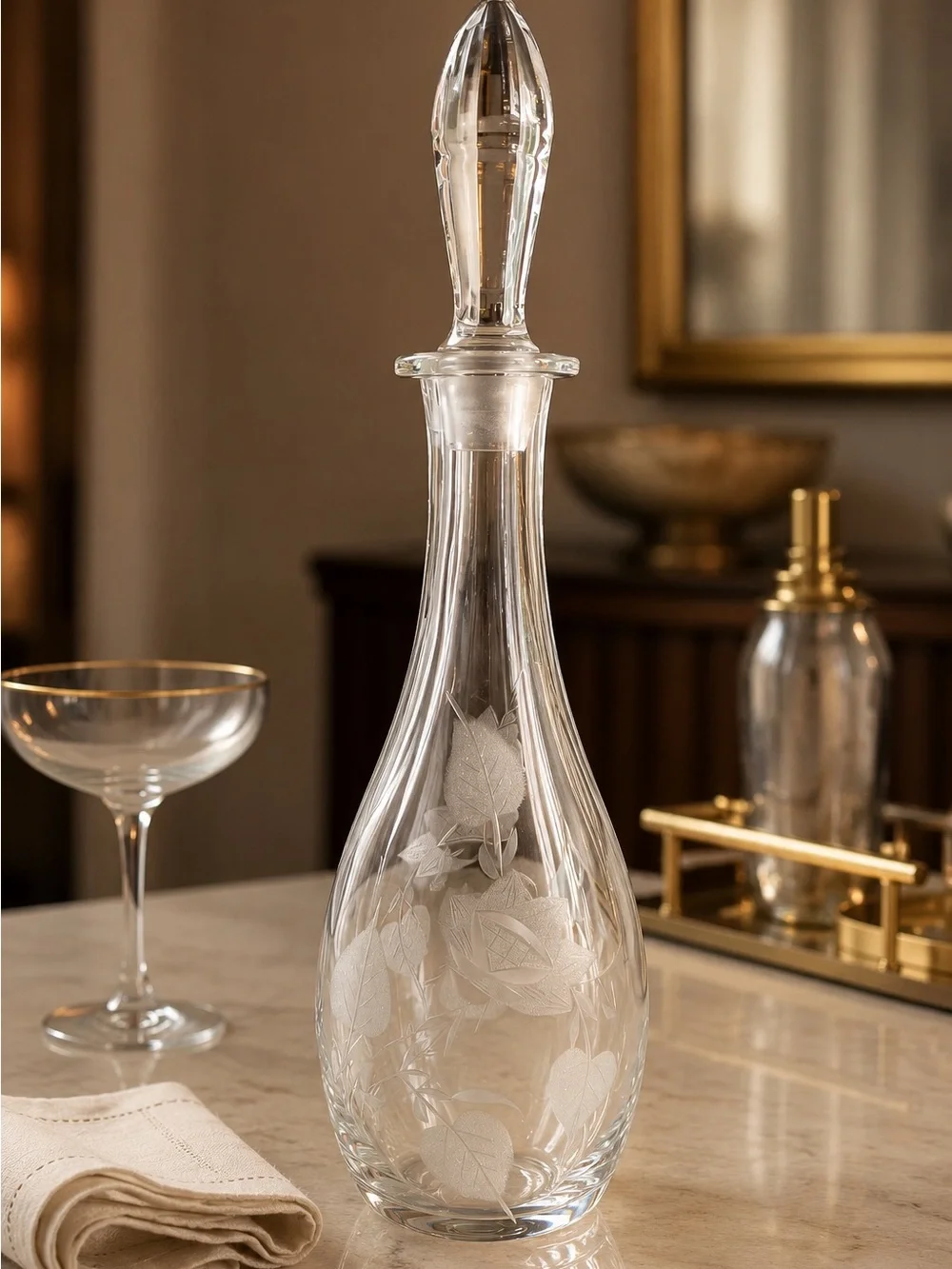 Vintage Etched Rose Glass Decanter with Stopper 13.25”